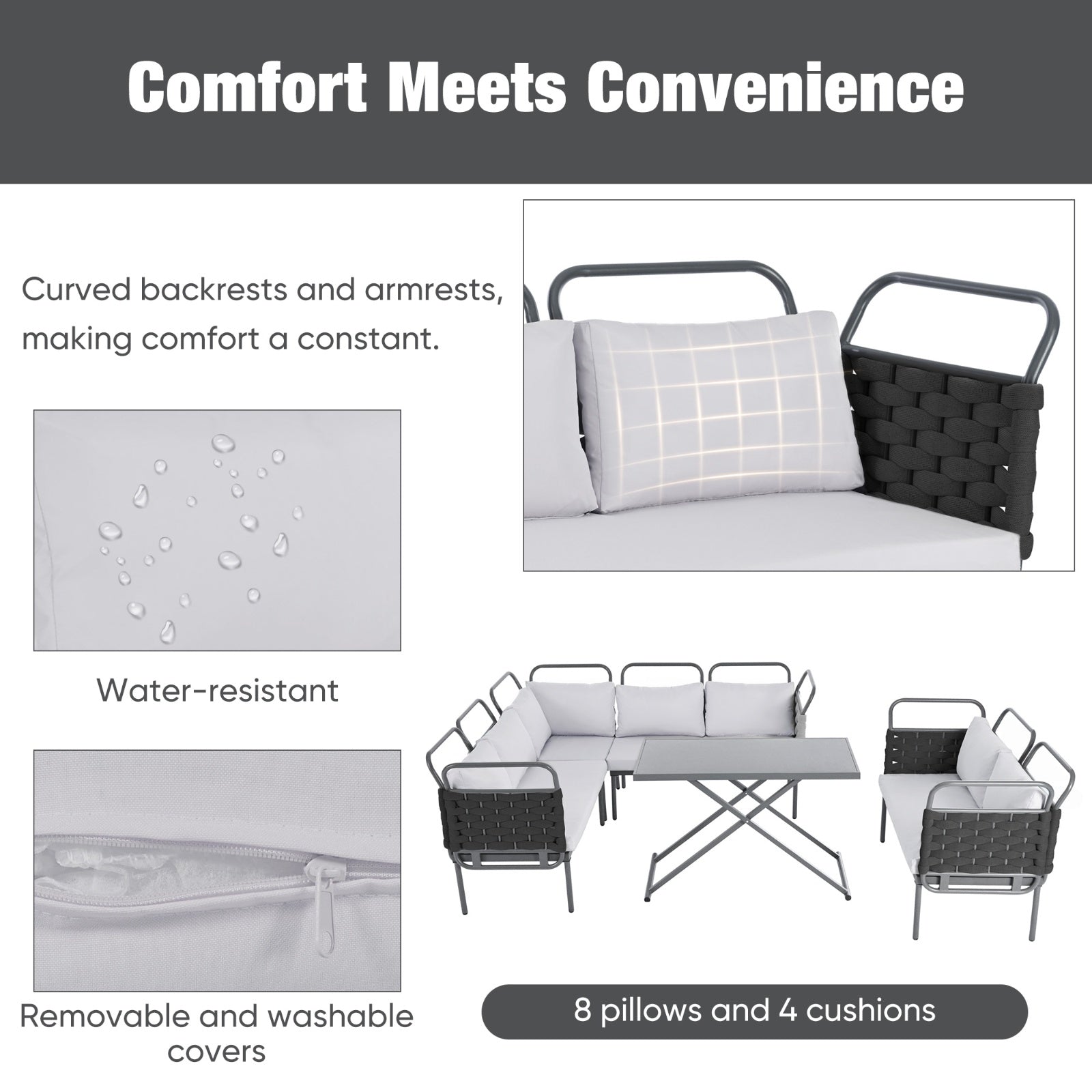 LuneluX_Home – 7-Seater Outdoor Sectional Sofa Set with Glass Table
