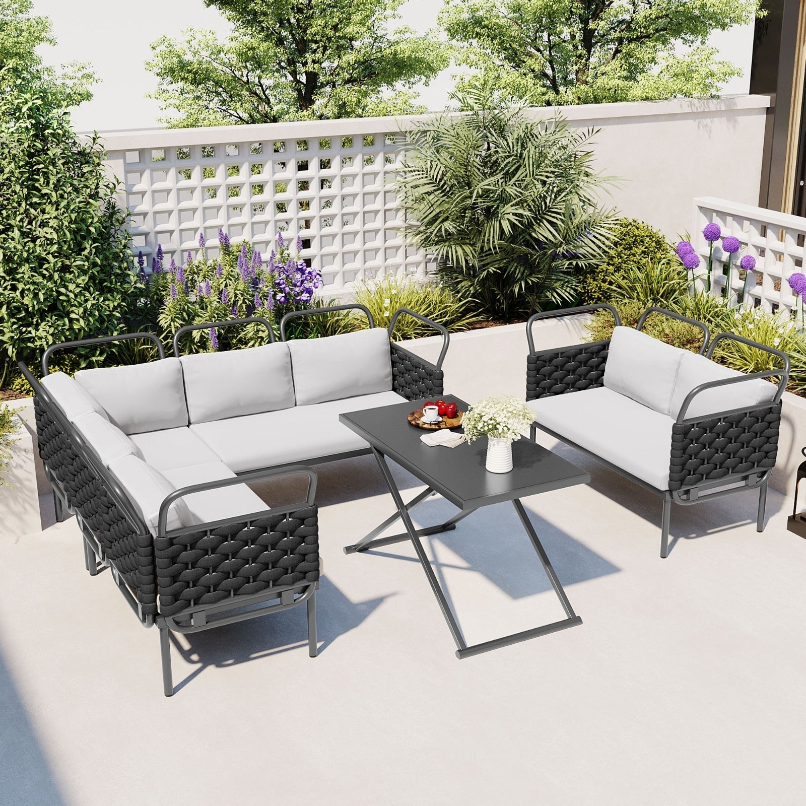 LuneluX_Home – 7-Seater Outdoor Sectional Sofa Set with Glass Table