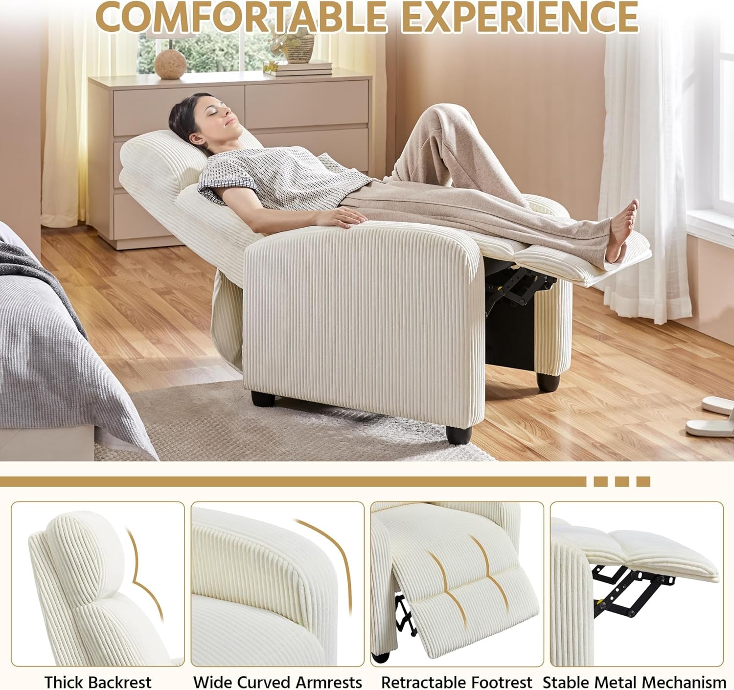 Corduroy Recliner Chair Single Sofa Home Theater Seating Adjustable