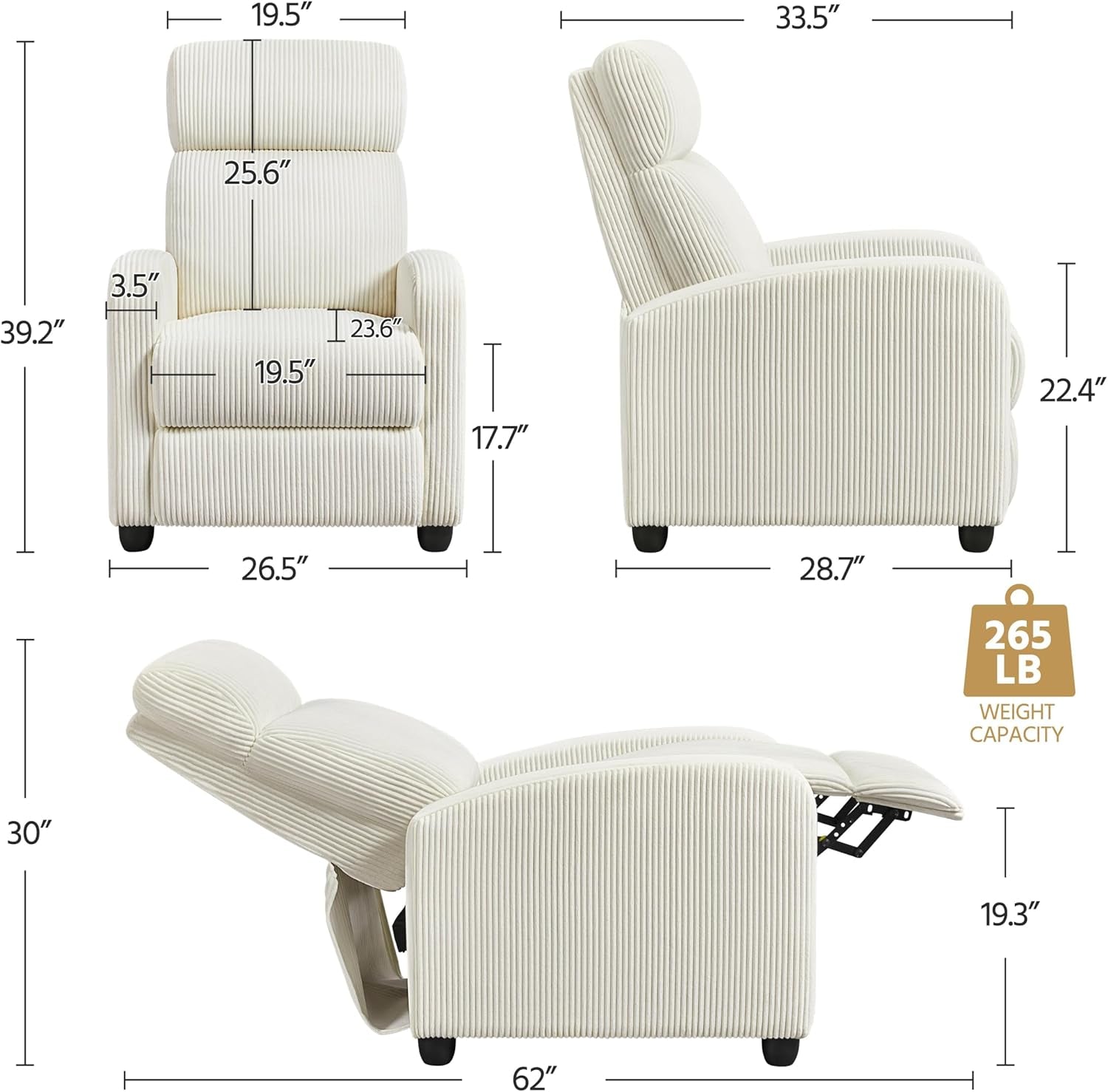 Corduroy Recliner Chair Single Sofa Home Theater Seating Adjustable