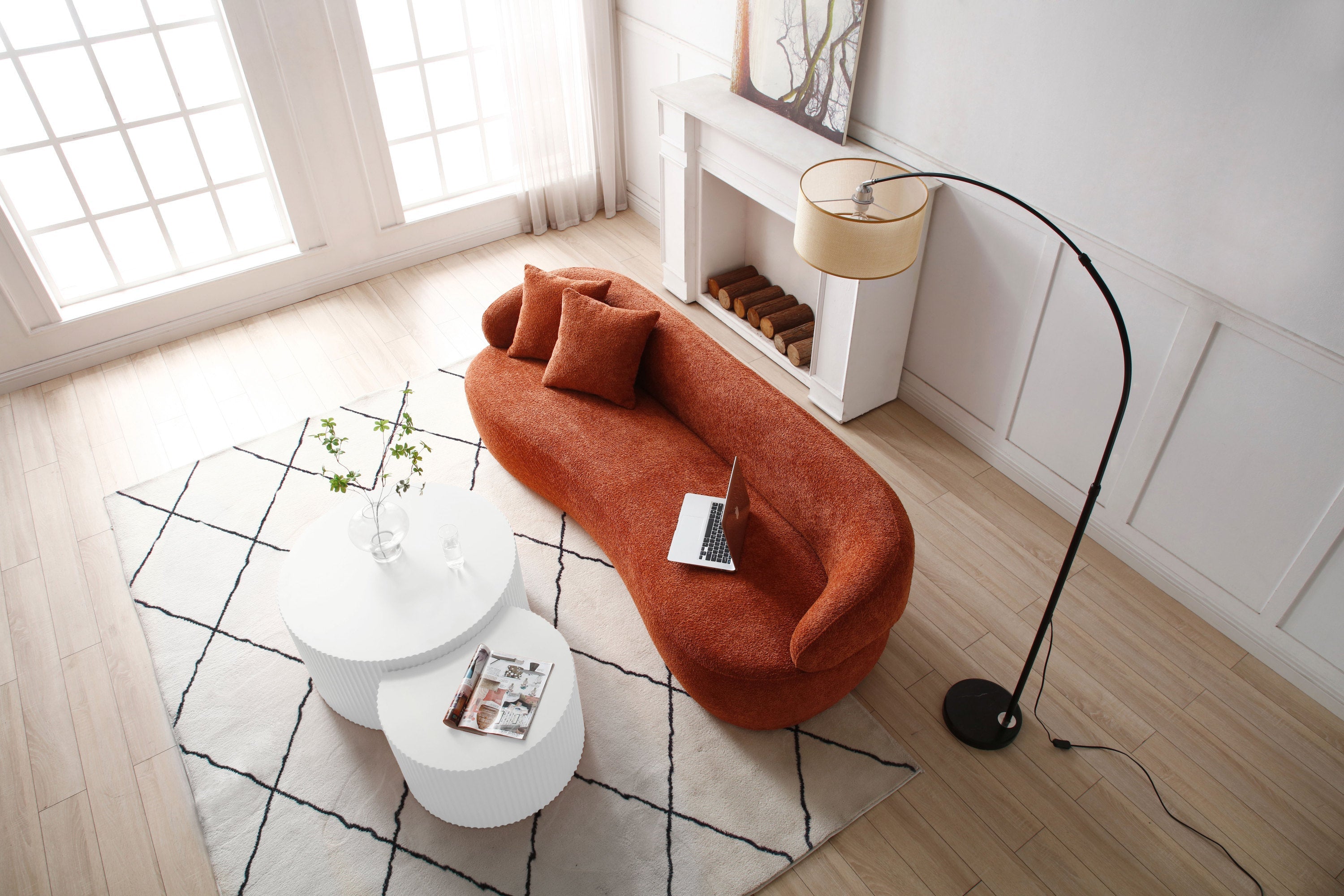 ORANGE Mid Century Modern Curved Sofa, 3 Seat Cloud couch Boucle sofa