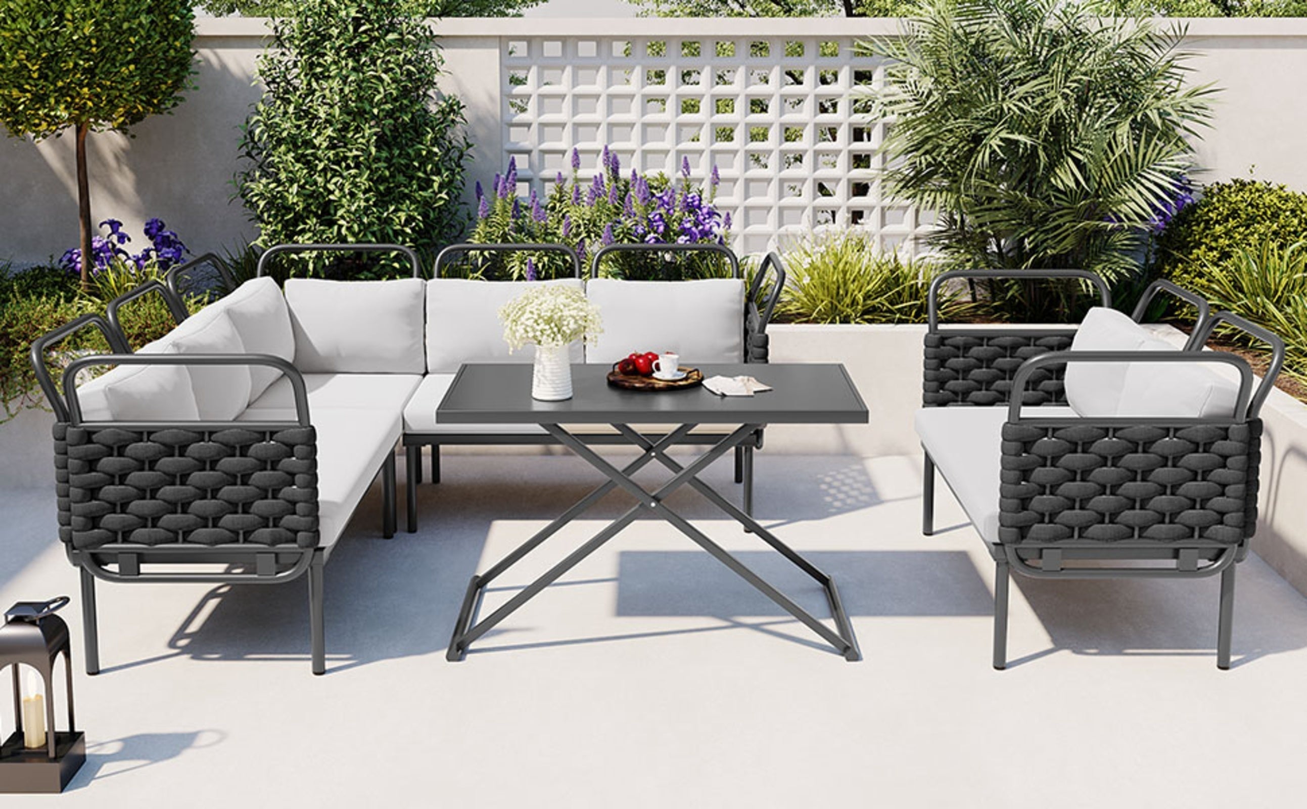 LuneluX_Home – 7-Seater Outdoor Sectional Sofa Set with Glass Table