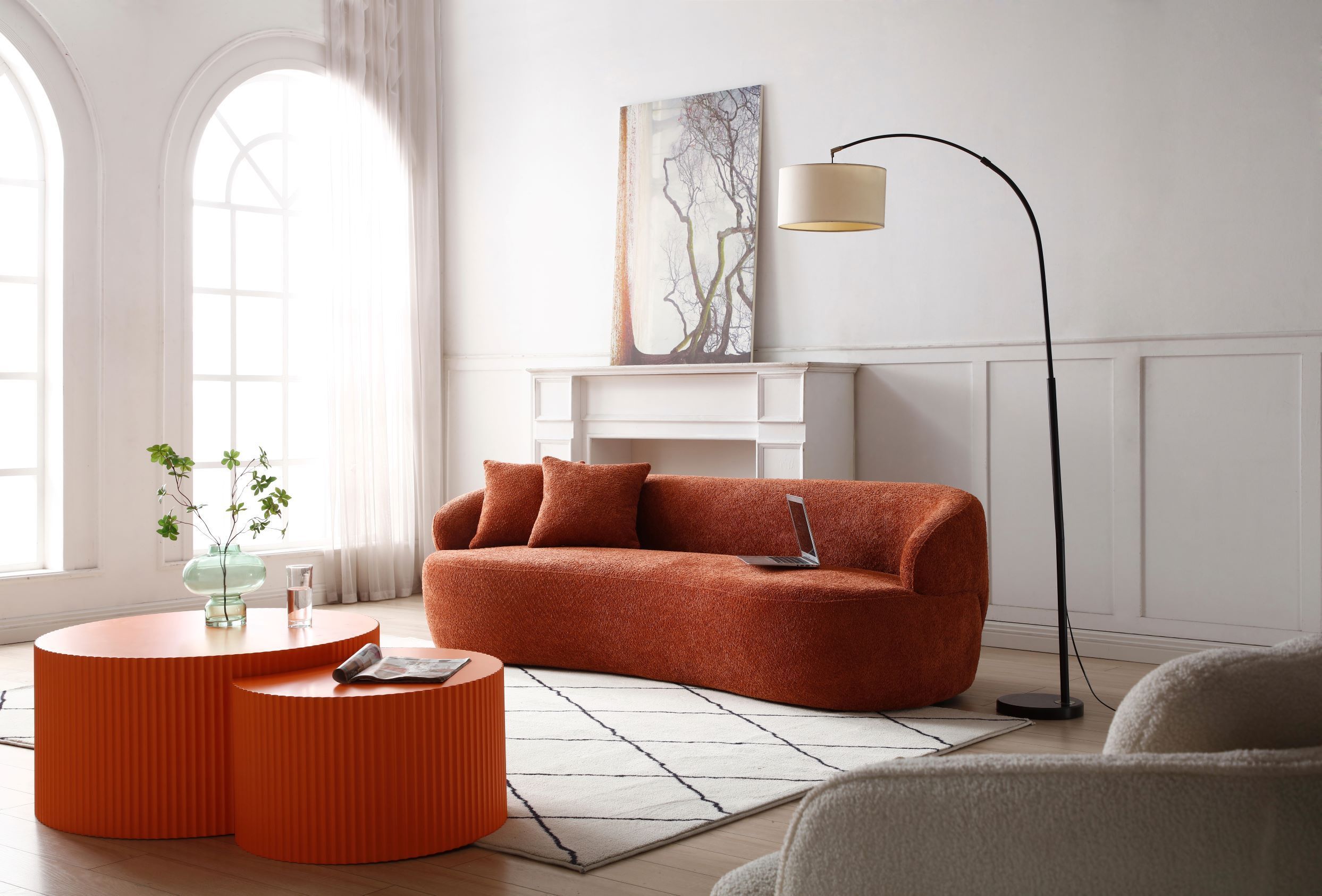 ORANGE Mid Century Modern Curved Sofa, 3 Seat Cloud couch Boucle sofa