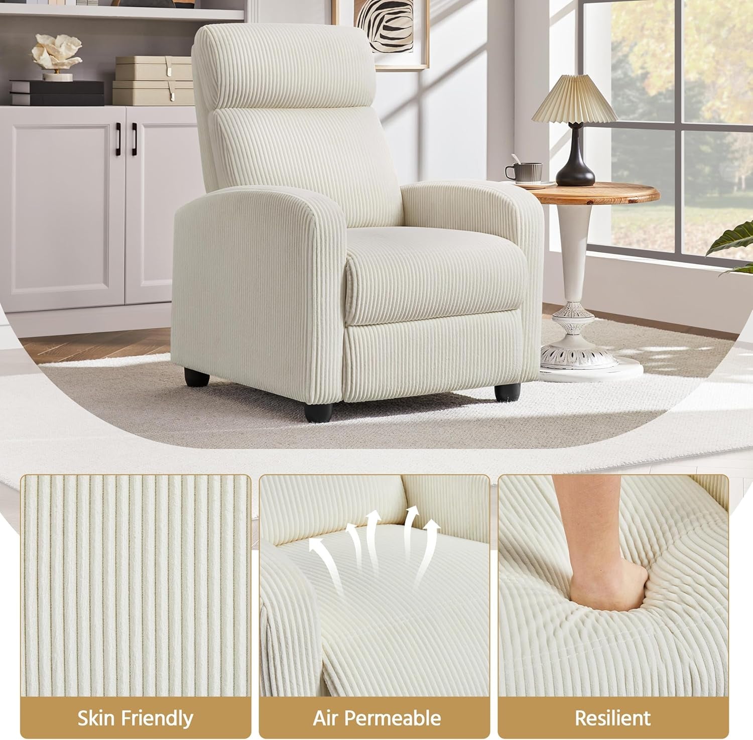 Corduroy Recliner Chair Single Sofa Home Theater Seating Adjustable