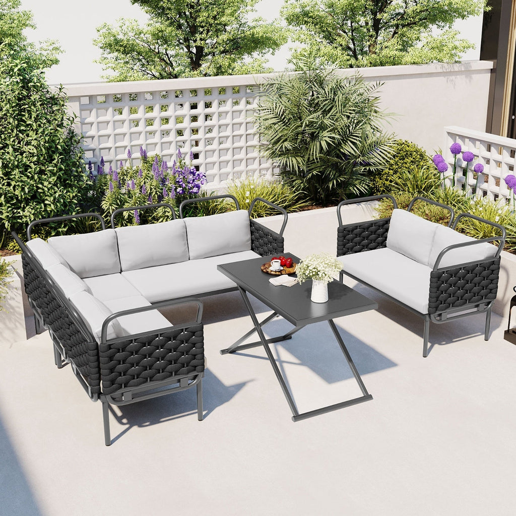 LuneluX_Home – 7-Seater Outdoor Sectional Sofa Set with Glass Table