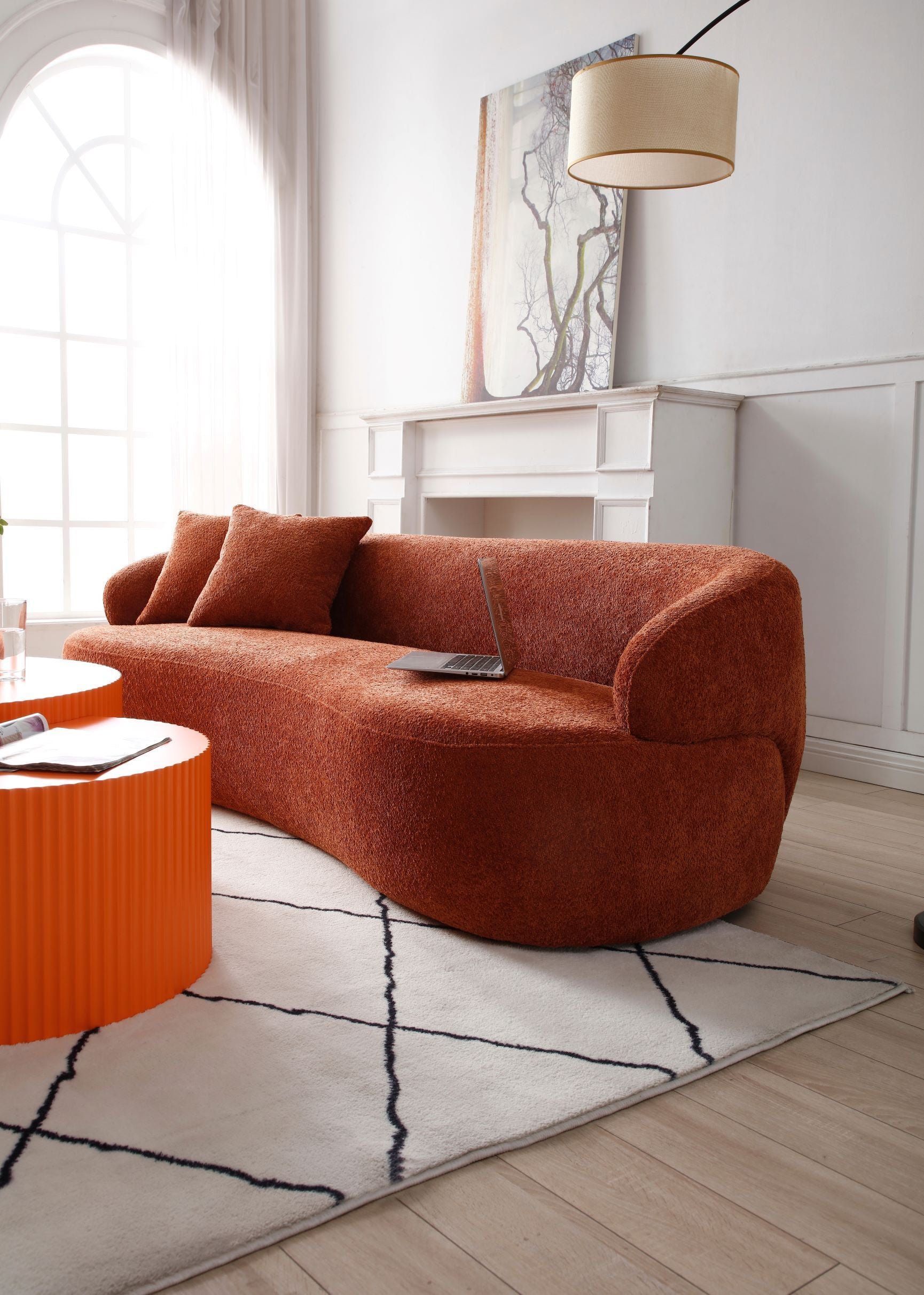 ORANGE Mid Century Modern Curved Sofa, 3 Seat Cloud couch Boucle sofa
