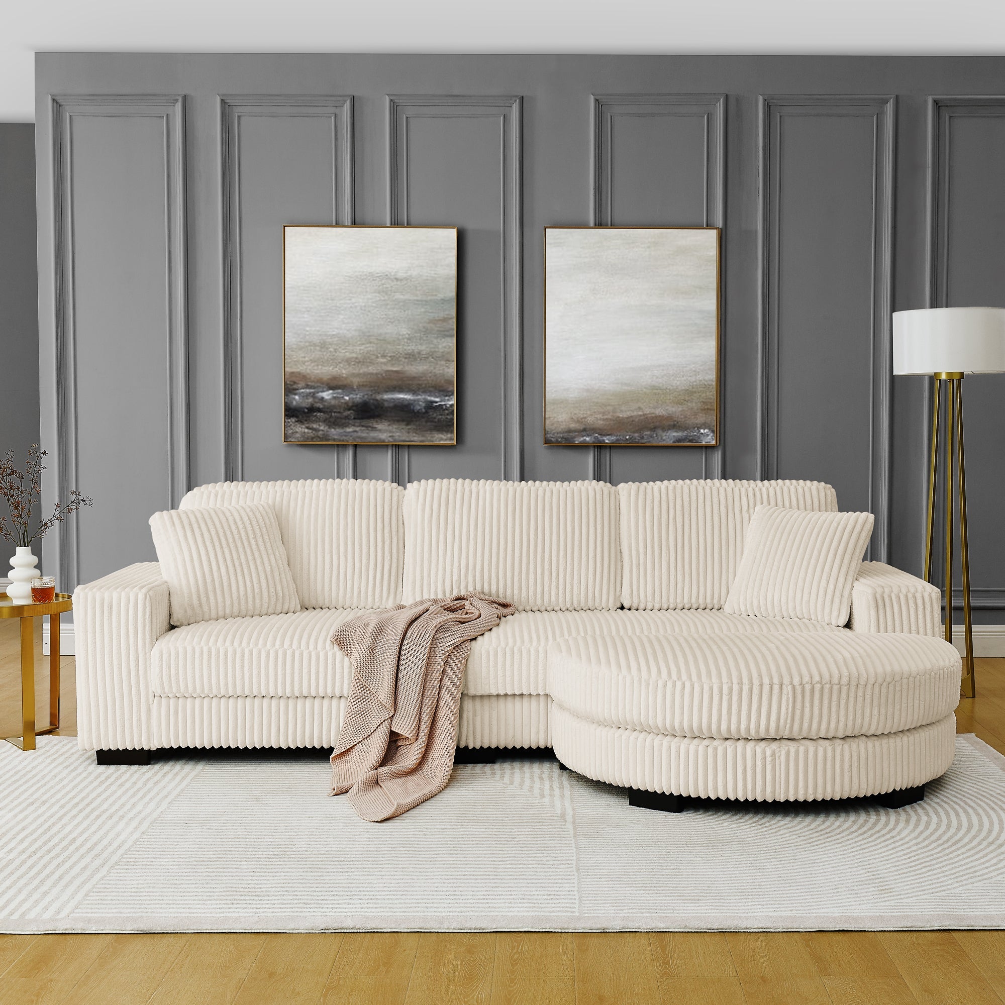 Corduroy Tufted Upholstered Sleeper Sectional Sofa, L-Shaped Modular