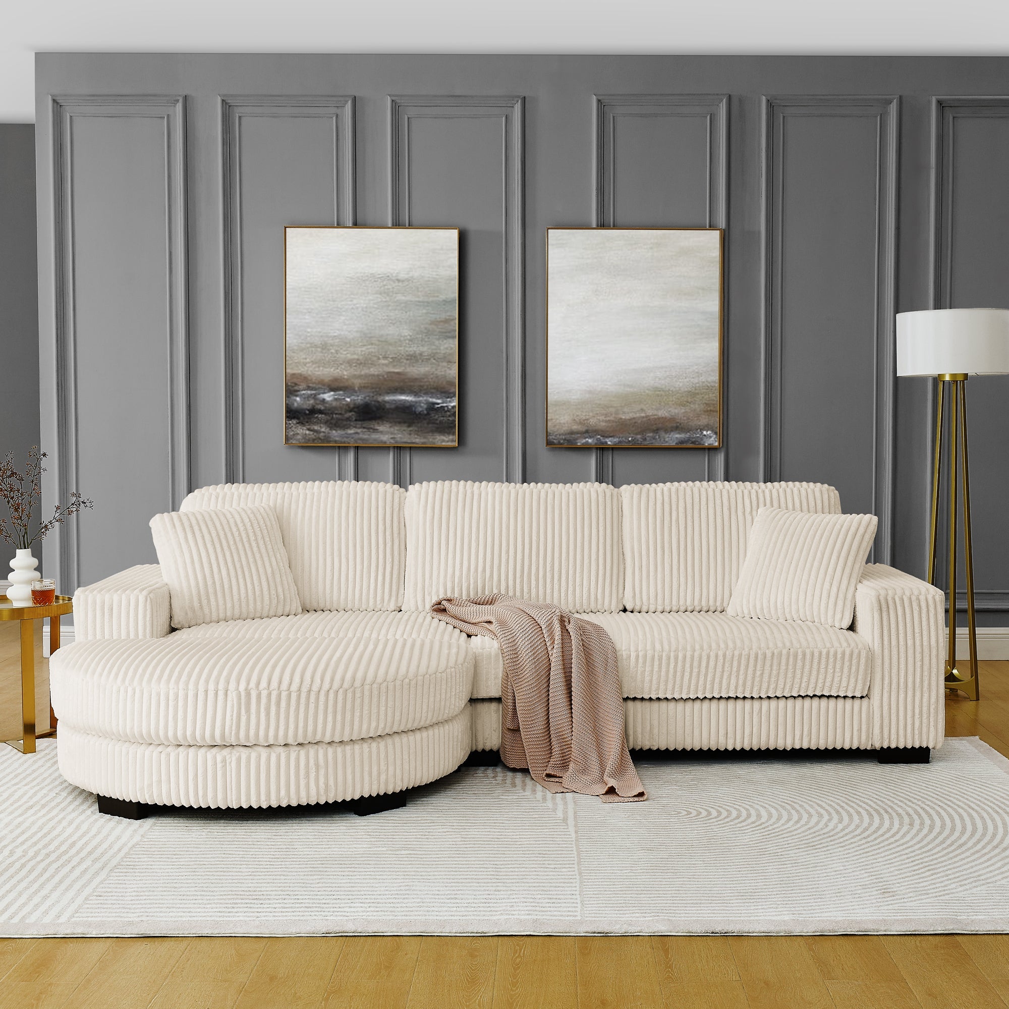 Corduroy Tufted Upholstered Sleeper Sectional Sofa, L-Shaped Modular