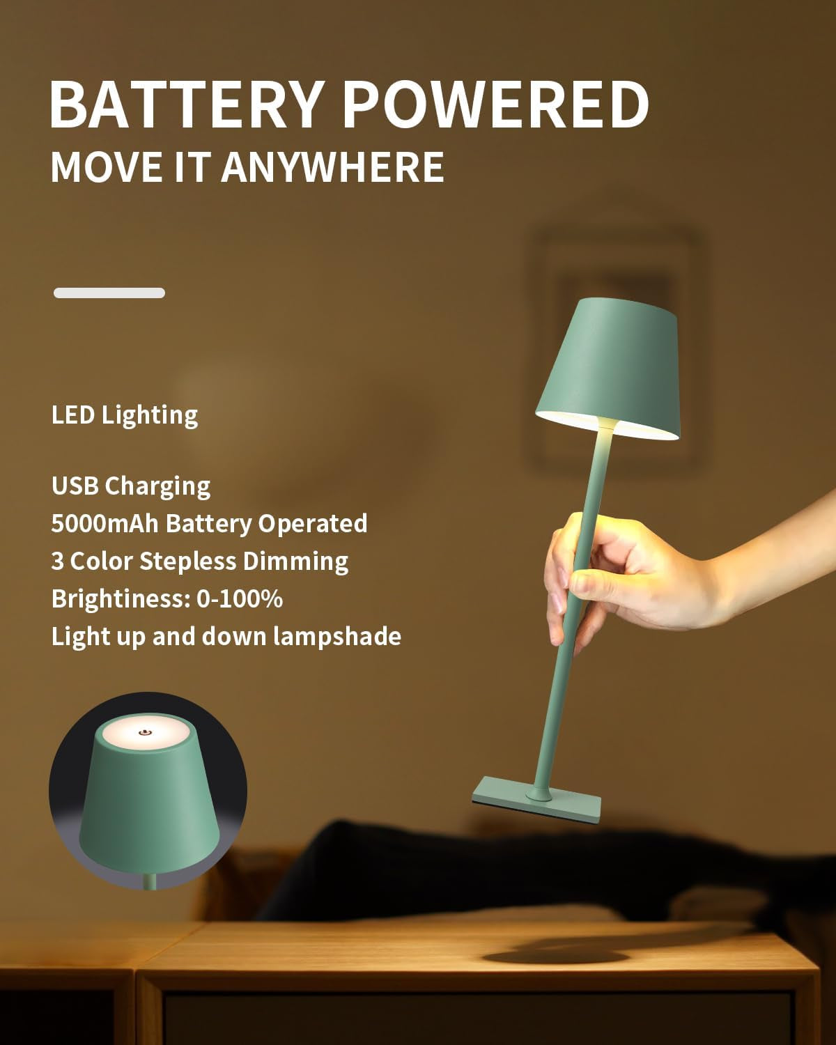 2 Pack Cordless Table Lamp,Portable LED Desk Lamp, 5000Mah Battery