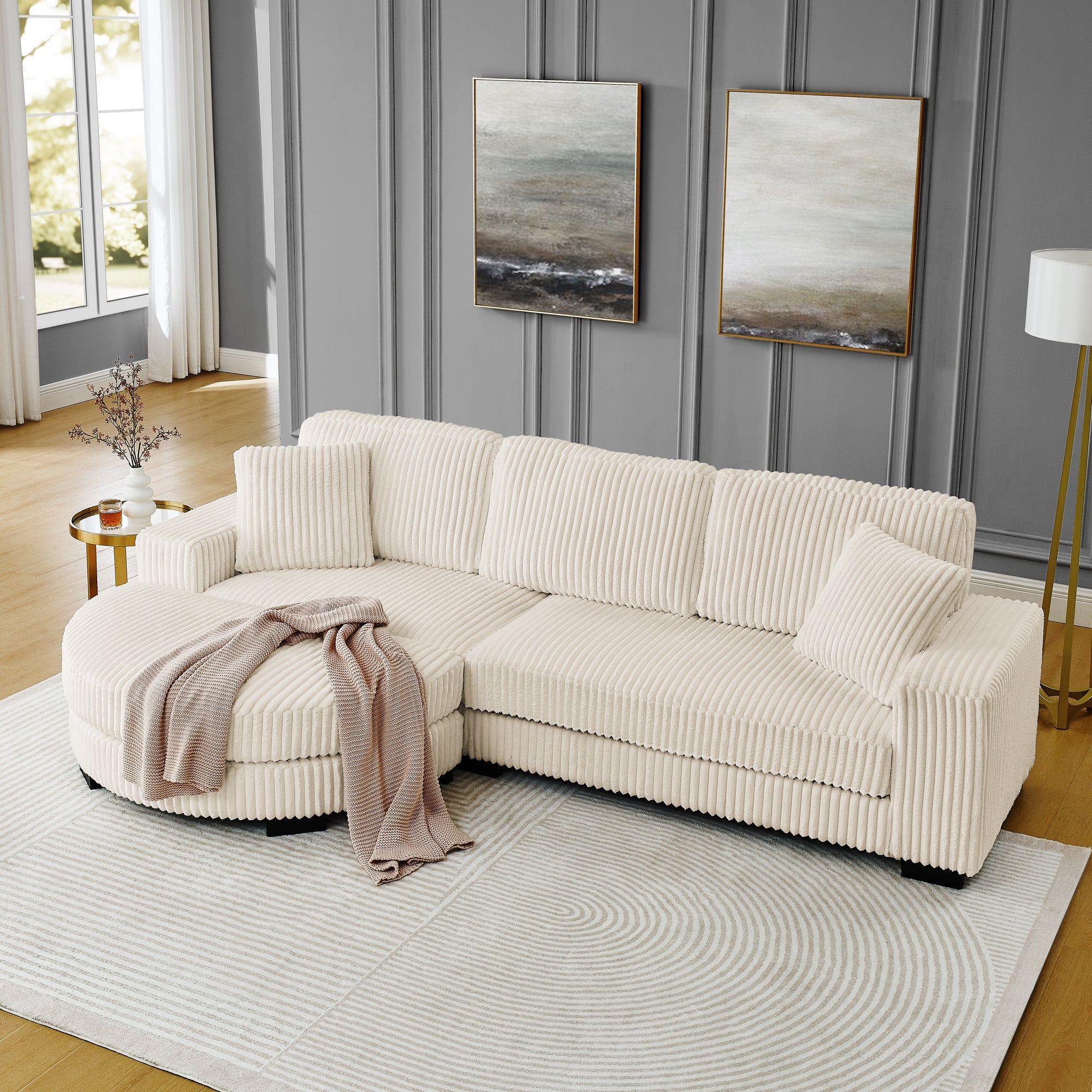 Corduroy Tufted Upholstered Sleeper Sectional Sofa, L-Shaped Modular