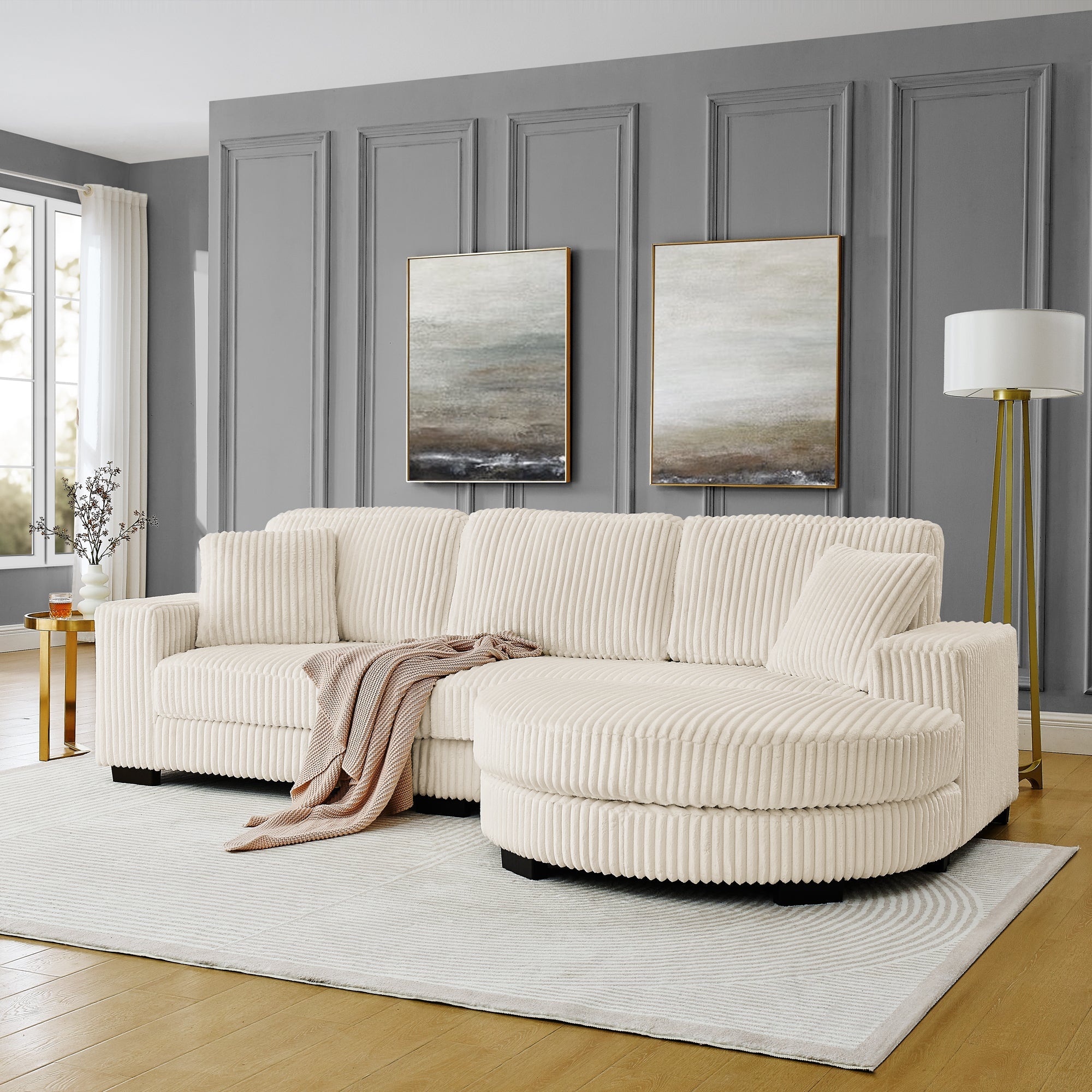 Corduroy Tufted Upholstered Sleeper Sectional Sofa, L-Shaped Modular