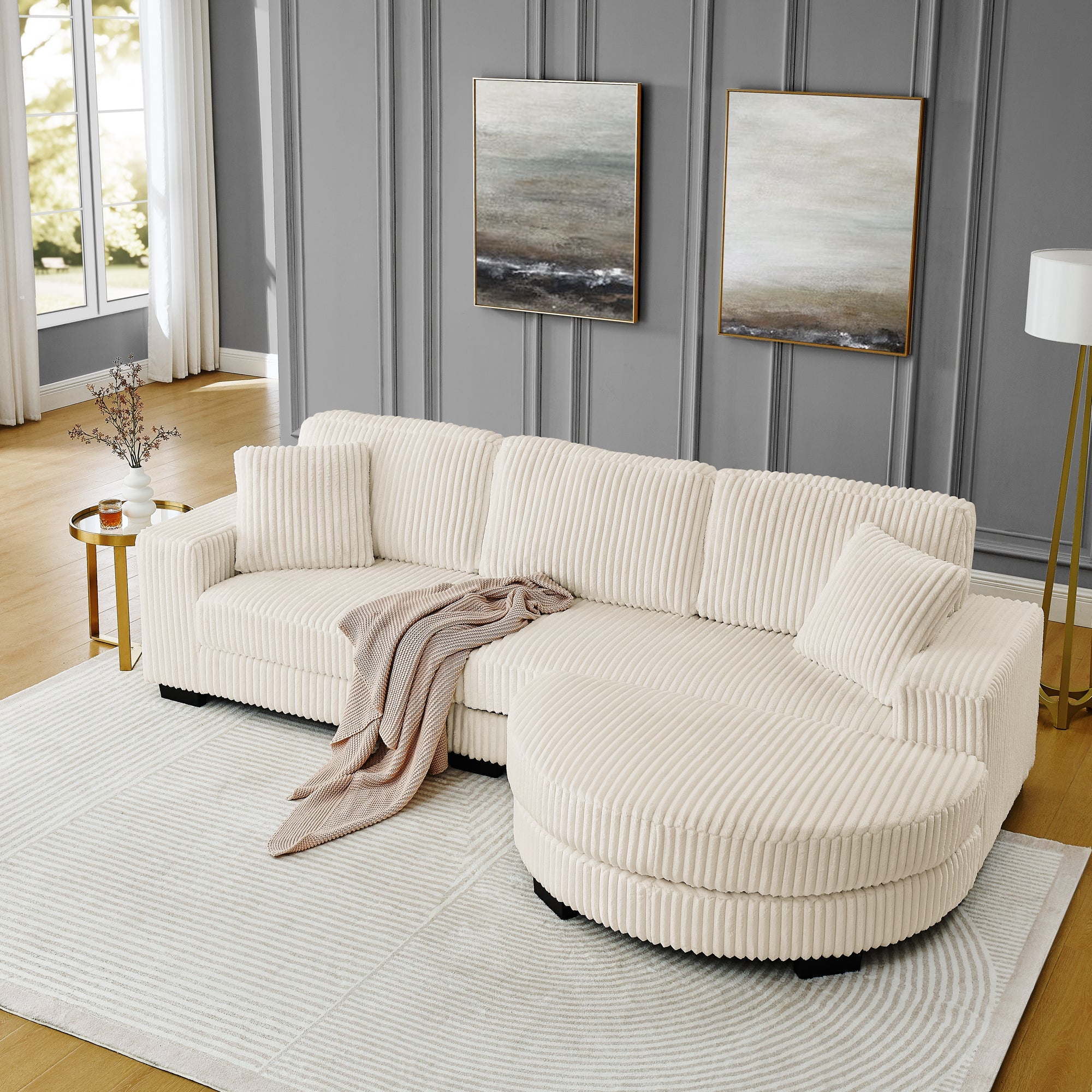 Corduroy Tufted Upholstered Sleeper Sectional Sofa, L-Shaped Modular