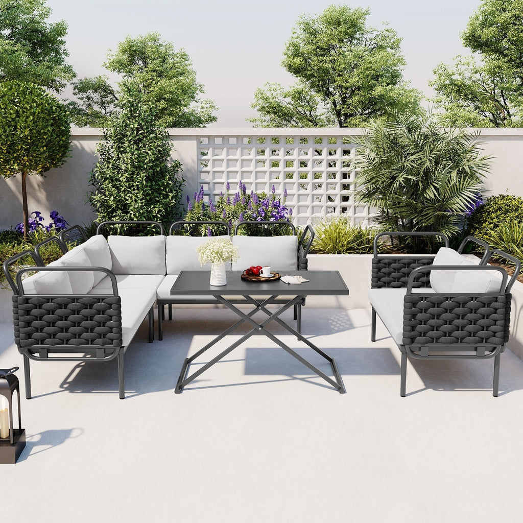 LuneluX_Home – 7-Seater Outdoor Sectional Sofa Set with Glass Table