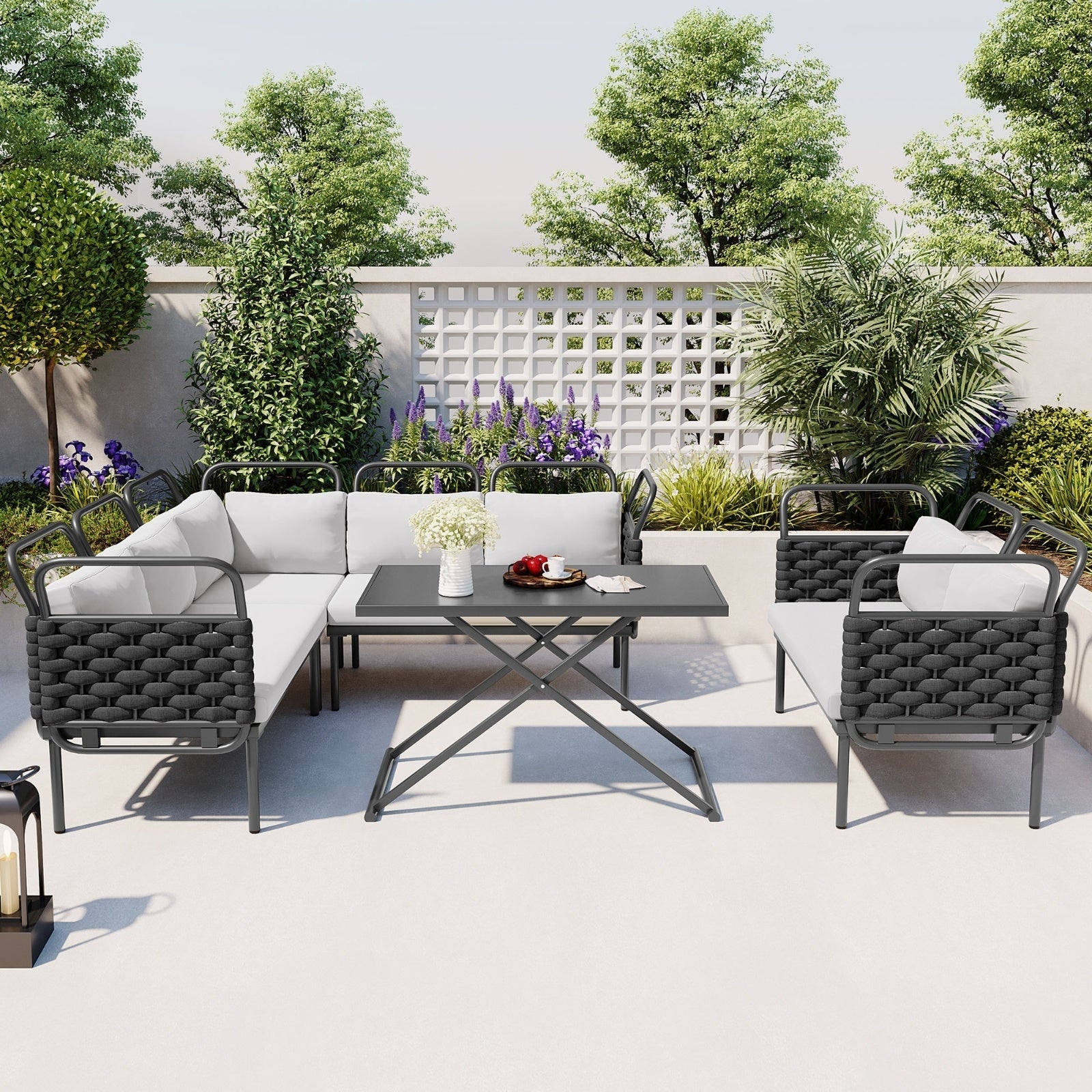 LuneluX_Home – 7-Seater Outdoor Sectional Sofa Set with Glass Table