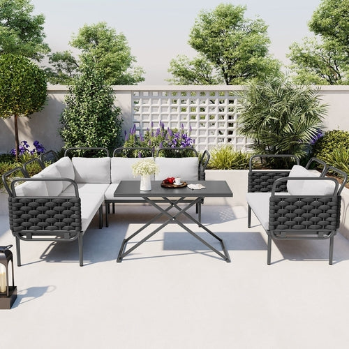 LuneluX_Home – 7-Seater Outdoor Sectional Sofa Set with Glass Table